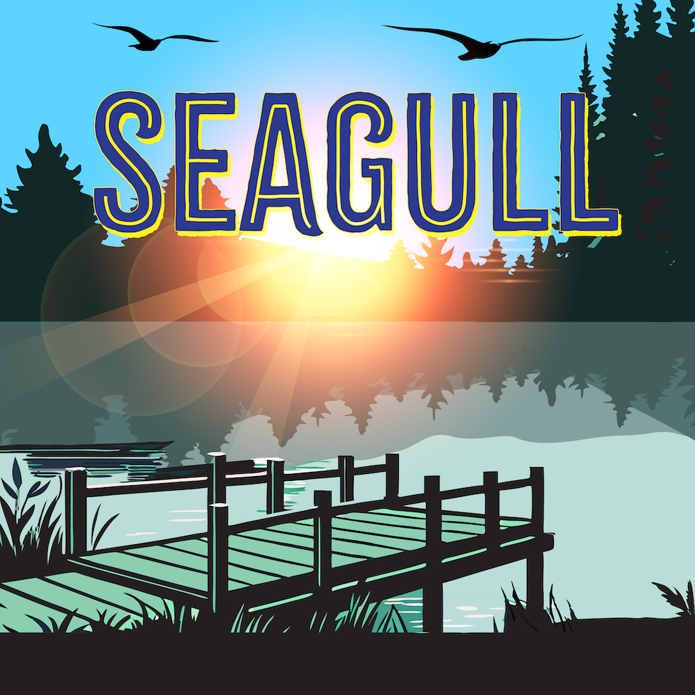 Seagull image with birds and a pier by a picturesque lake